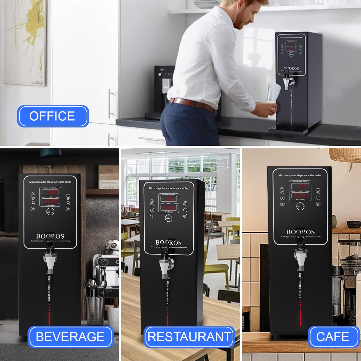 BOOROS Commercial Hot Water Dispenser Black Hot Water Dispenser Countertop 15L Commercial Hot Water Boiler, 24-Hour Timer,1500W Step-heating 38L(10GAL)/Hour for Restaurant,Hotel,Office,Home,Capacity
