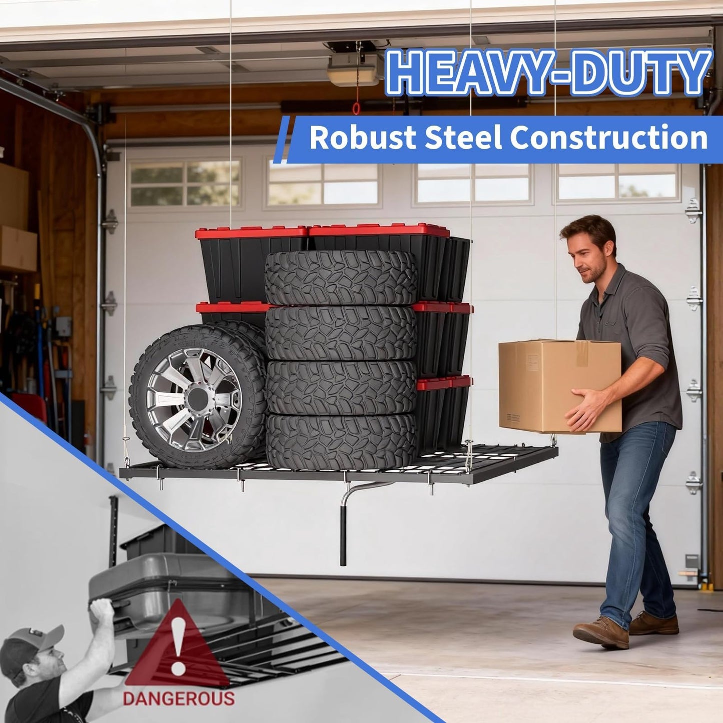 GarveeHome Heavy-Duty 4x4 ft Garage Ceiling Storage Rack with Manual Crank Lift – Adjustable Height, Carbon Steel, 350 lbs Capacity, Space-Saving Overhead Organizer for Garage or Basement – Black