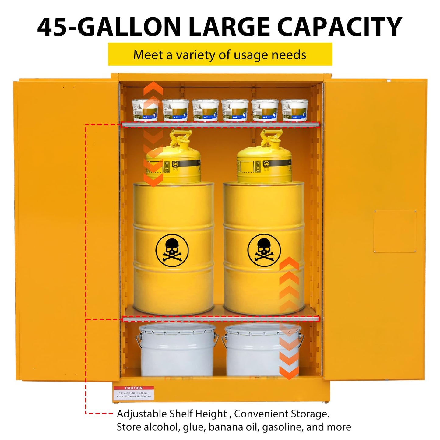 45 Gallon Flammable Safety Cabinet, Industrial Yellow Steel Storage for Flammable Liquids, Fireproof Double-Wall Design with 2 Adjustable Shelves, Manual Close Doors & Dual Vents, OSHA Compliant