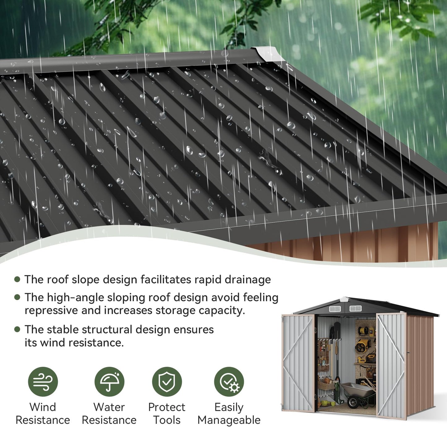 Aoxun 6.2x4 FT Shed Outdoor Storage Shed with Lockable Doors & Slooping Roof Metal Garden Tool Shed for Backyard, Patio, Poolside (Brown)