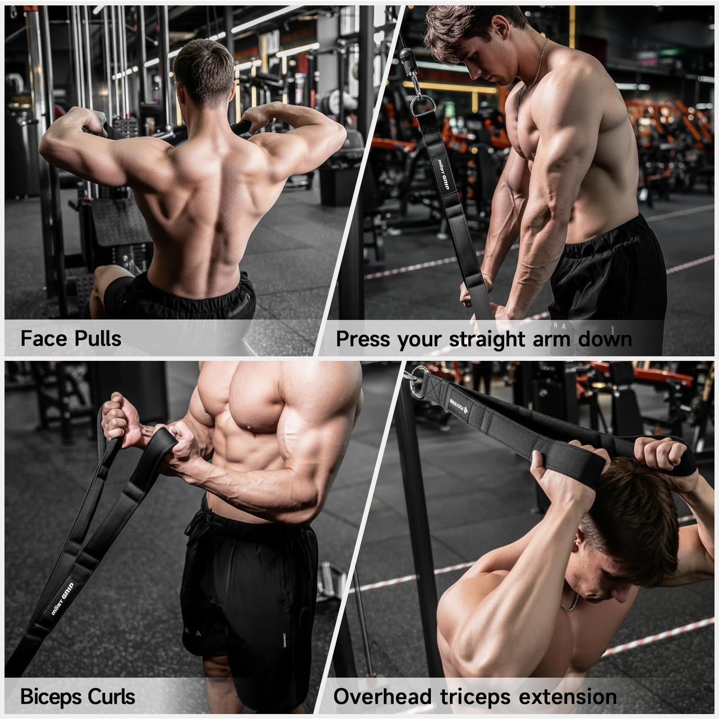 MOST GRIP Multi-Functional Cable Machine Attachment Set, Ergonomic LAT Pulldown Attachment for Whole Back Training, Cable Attachments for Gym Home Include Tricep Rope and 2 LAT Pull Down Bar (Black)
