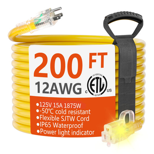 HUANCHAIN 200 ft 12/3 Gauge Outdoor Extension Cord Waterproof Heavy Duty with Lighted end, Flexible 3 Prong Electric Cord Outside, 15Amp 1875W 12AWG SJTW, Yellow, ETL