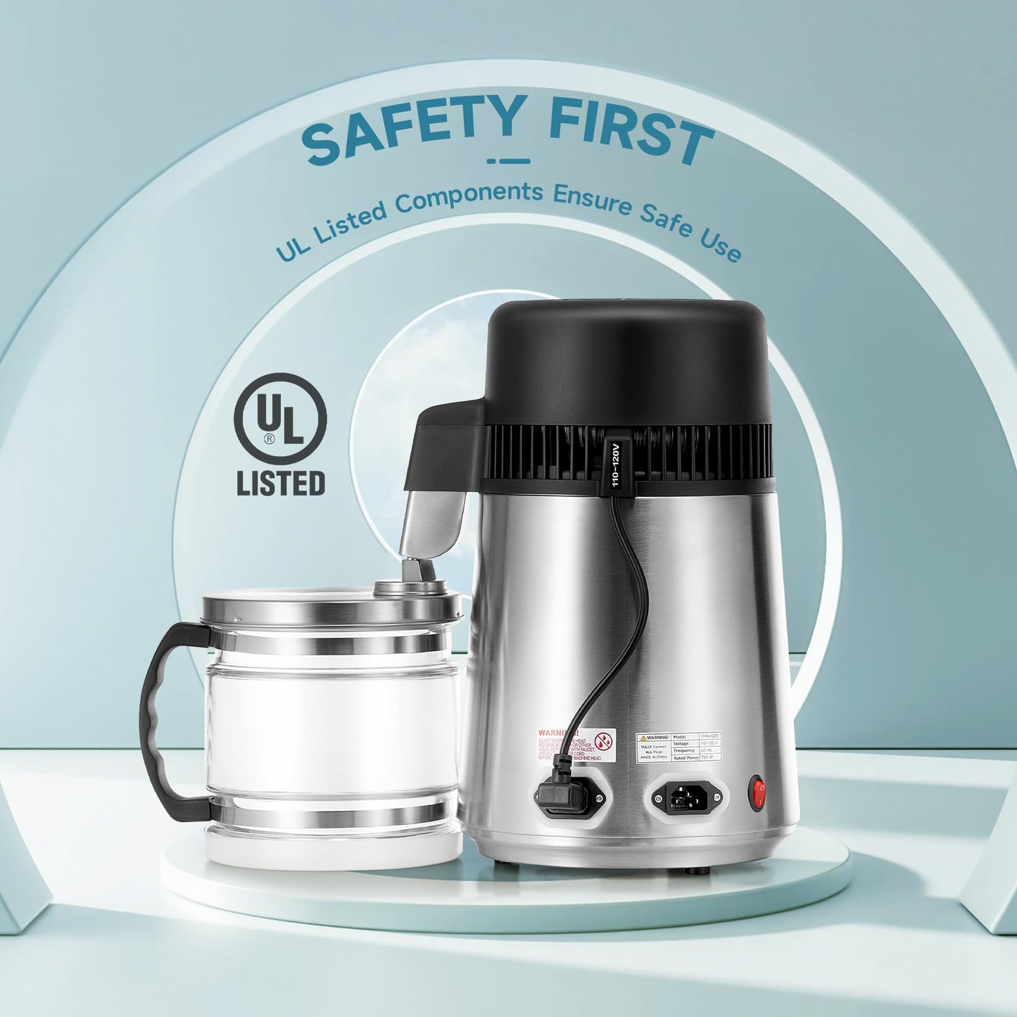 CO-Z 4L Brushed Stainless Steel Countertop Distiller Machine, Home Distilled Water Maker with Glass Pot, Purifier to Make Clean Water
