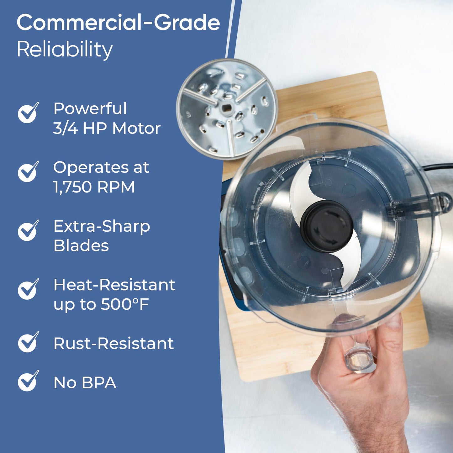 TK Tartle Commercial Food Processor - Heavy-Duty 600W Chopper, Slicer, Shredder & Blender w/Vegetable Prep Lid, Continuous Feed, 3L Mixer Bowl & Stainless Steel Blades