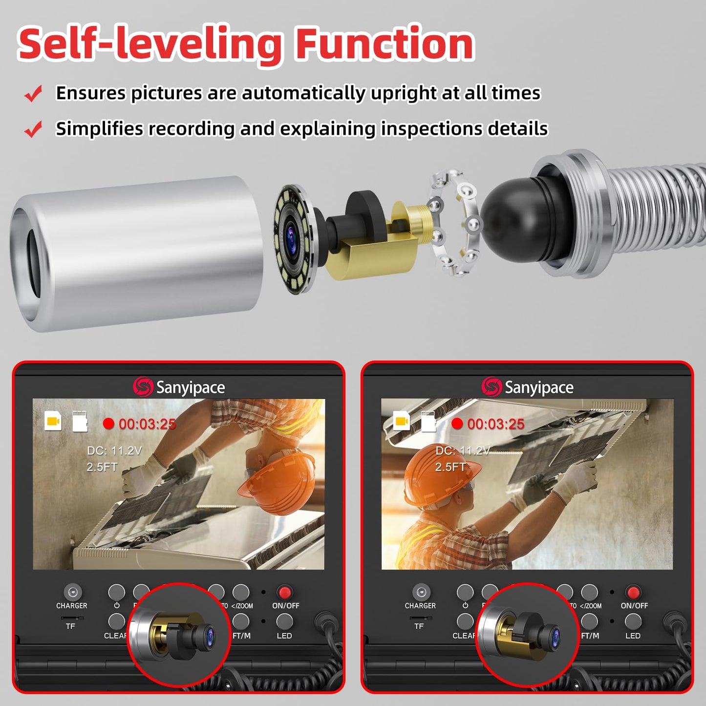 Sanyipace Sewer Camera Self-Leveling 165FT/50M, 512Hz Sonde, Distance Counter, 5-Level Adjustable Brightness, 4500mAh Battery, IP68 Waterproof Pipe Camera for Drain Snake, Plumbing, Duct, Plumber