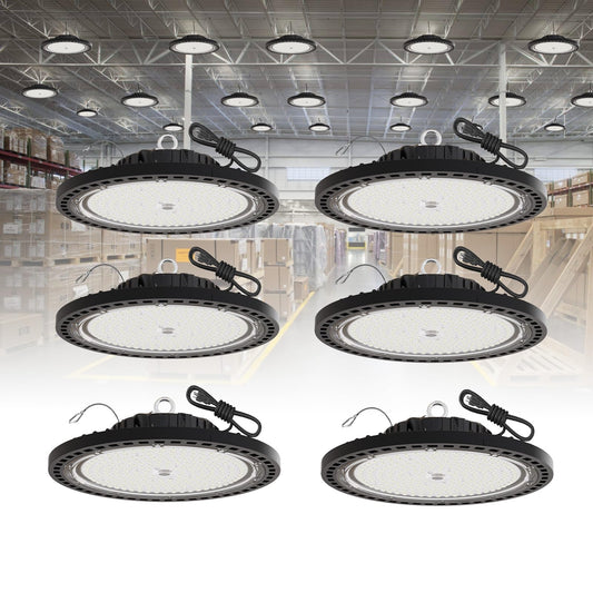 GGTH 6 Pack UFO LED High Bay Light 200W, 29000 LM, 5000K with 5ft Power Cord, US Plug, Bright LED Shop Light for Basement Commercial Factory Garage Lighting, IP66 Waterproof, AC110-277V, ETL Listded