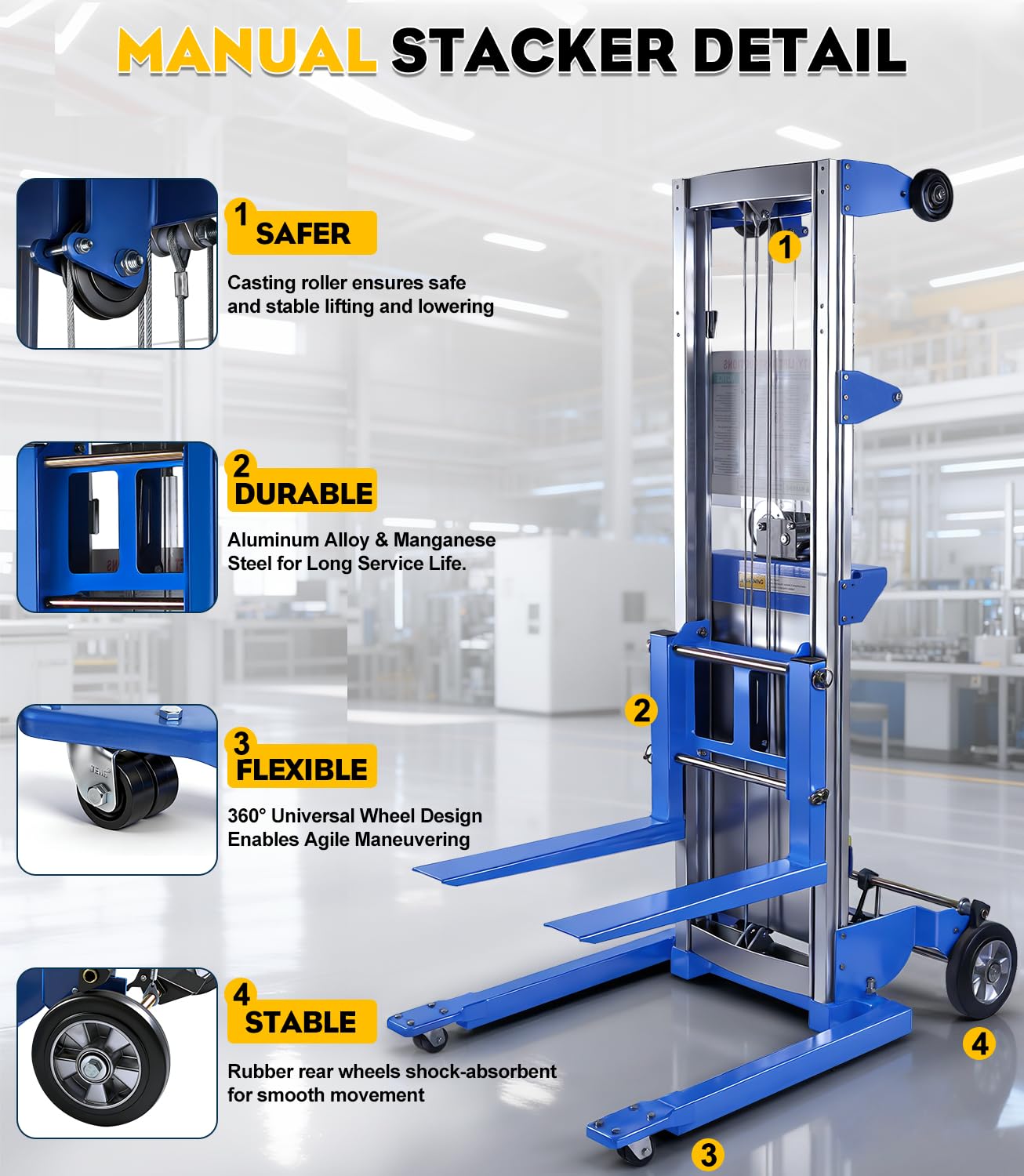 Material Lift Winch Stacker 440 lbs 122" Lift Height, Adjustable Straddle Hand Winch Lift Truck, Material Lifts for Warehouse Factory Library Logistics
