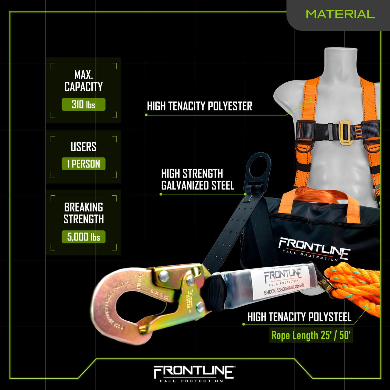 Frontline Combat™ Complete Roofers Kit | Includes Combat Harness, Roof Anchor, Vertical Lifeline with Rope Grab, & Duffel Bag | High-Visibility Orange | Universal Fit | ANSI & OSHA Compliant.
