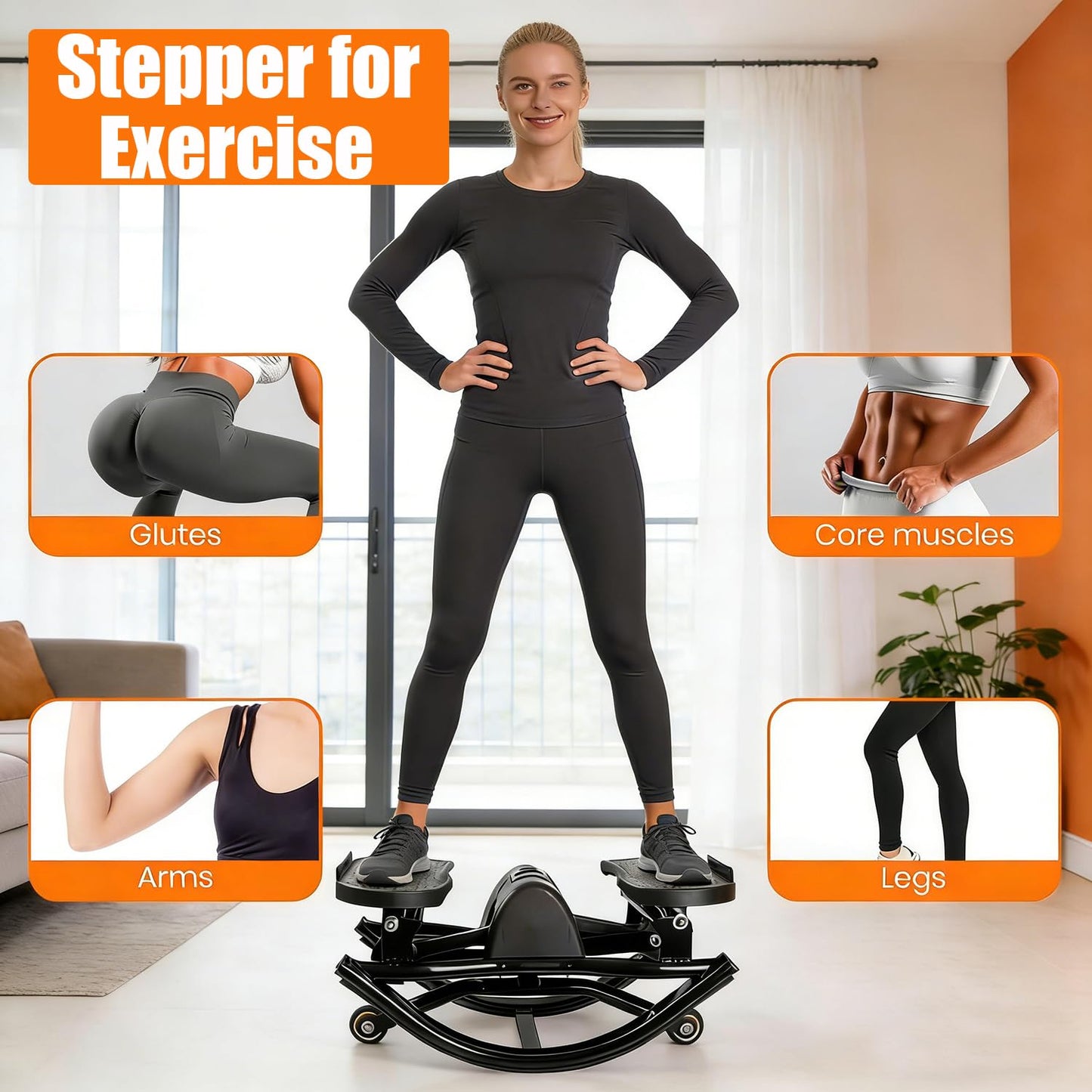 Rocking Stepper for Exercise at Home Portable Lateral Rock Stepper from Side to Side with Resistant Bands and Non-Slip Mat - Black