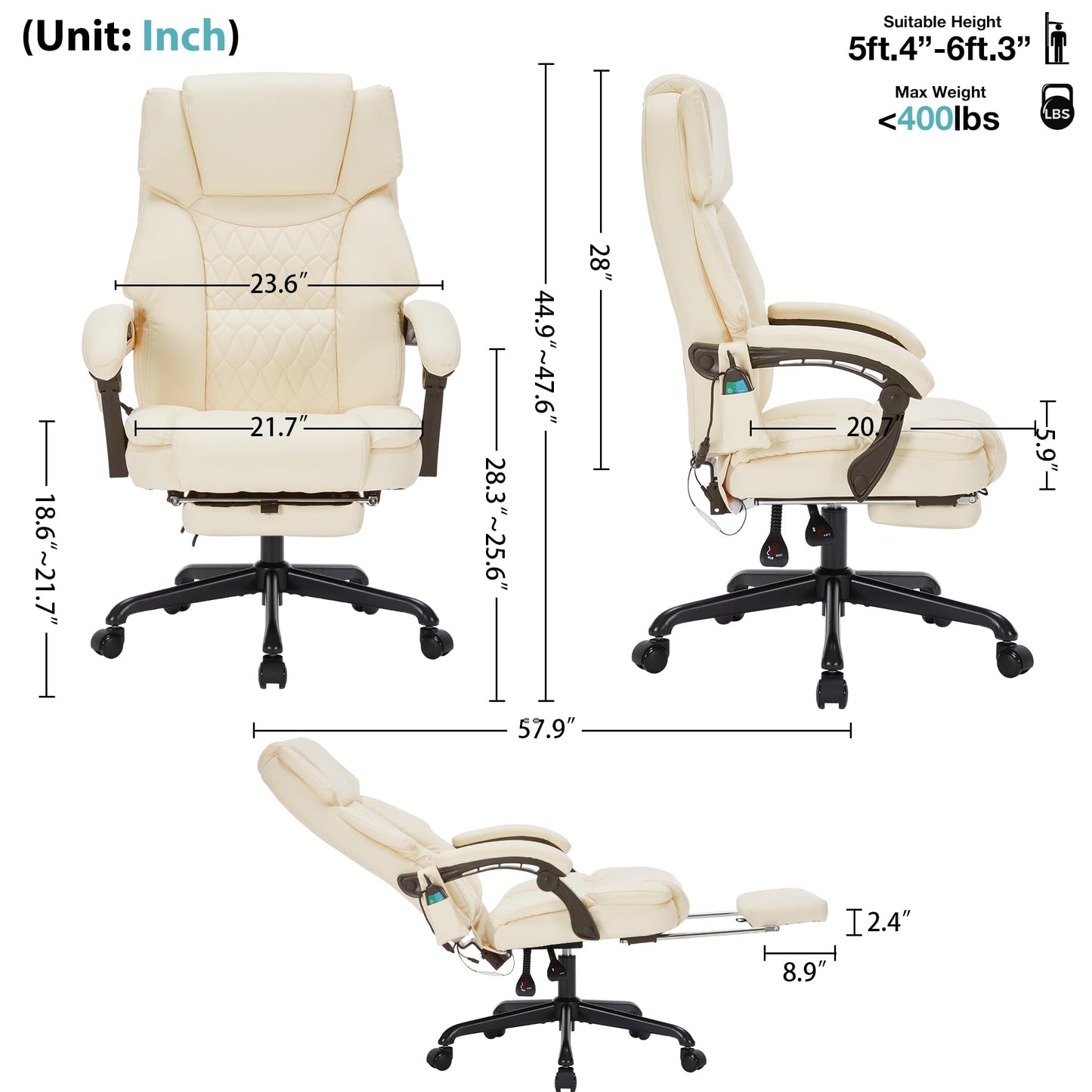 Massage Office Chair with Foot Rest 6 Points Vibration and Heat Home Office Desk Chairs for Heavy People 400lbs Reclining Managerial Chairs Ergonomic Executive Chair (Cream)
