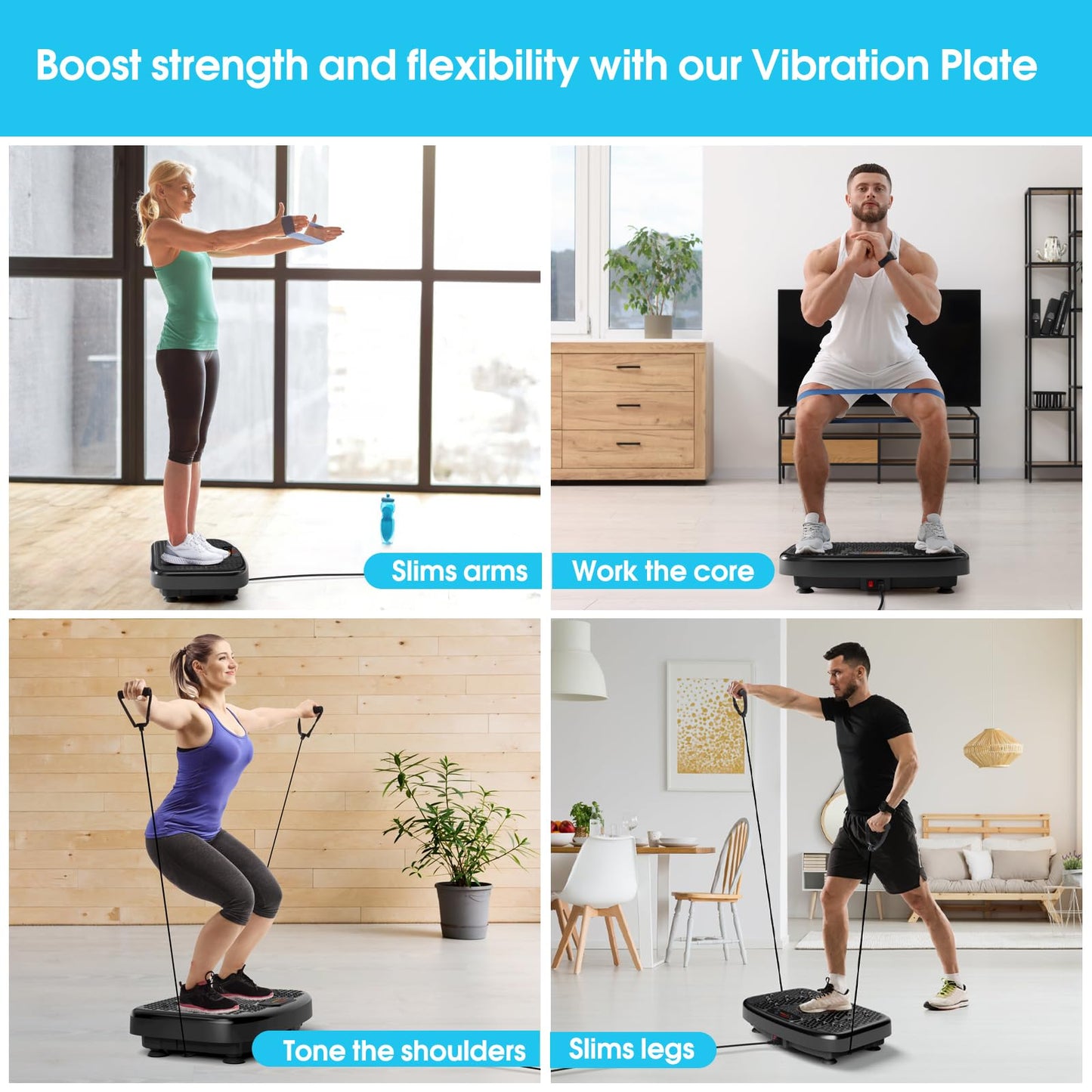 SoftGym Vibration Plate Exercise Machine for Lymphatic Drainage,Power Vibrate Stand Shake Board Whole Body Workout Waver with Resistance Bands Weight Loss Gifts for Women Men-Black