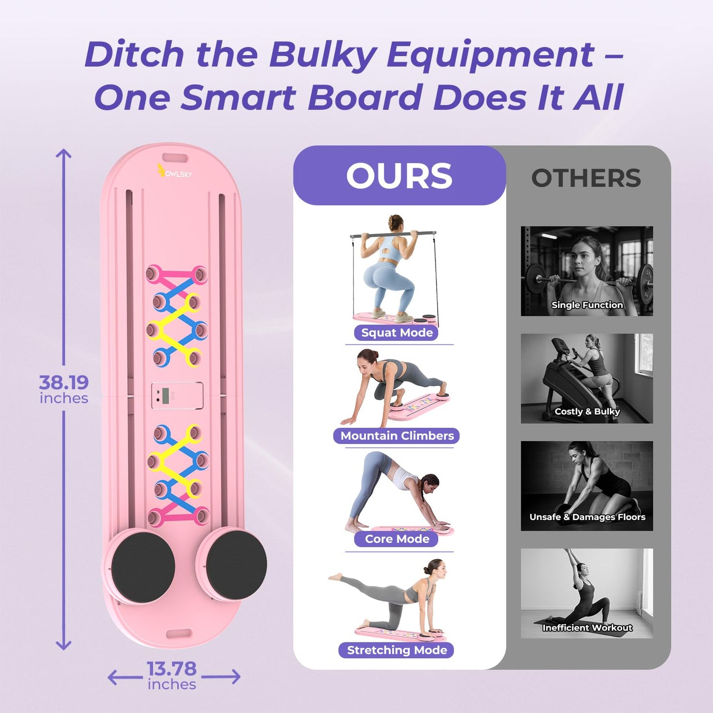 Pilates Reformer Board – 5-in-1 Foldable Pilates Machine for Home Workout, Portable Fitness Board with Resistance Bands, Full Body Training for Women (Light Pink)