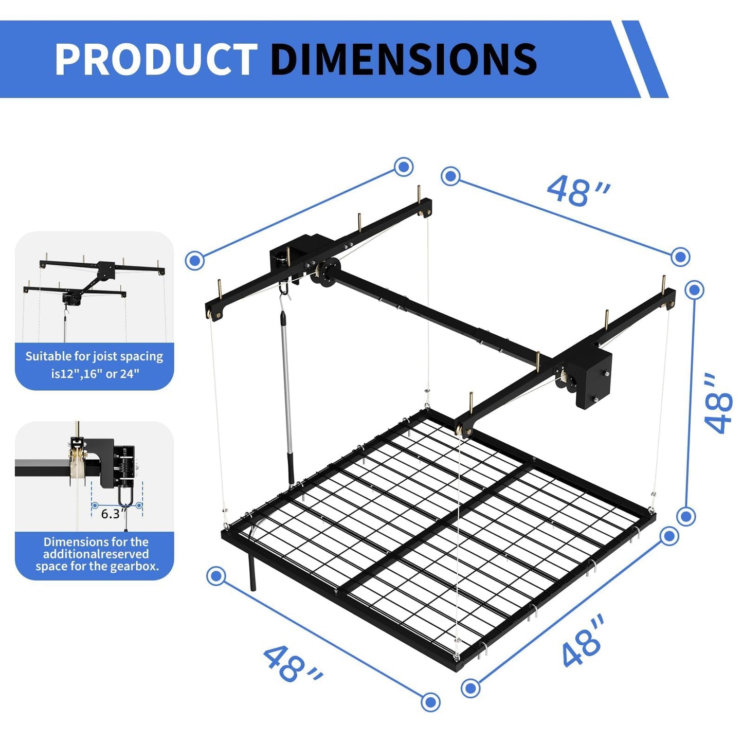 Overhead Ceiling Storage Rack 4x4 ft,Heavy-Duty Carbon Steel Garage Lifting Rack with Manual Hand Crank, Adjustable Height, 350 Lbs Capacity, Maximizes Overhead Space for Garages, Basements