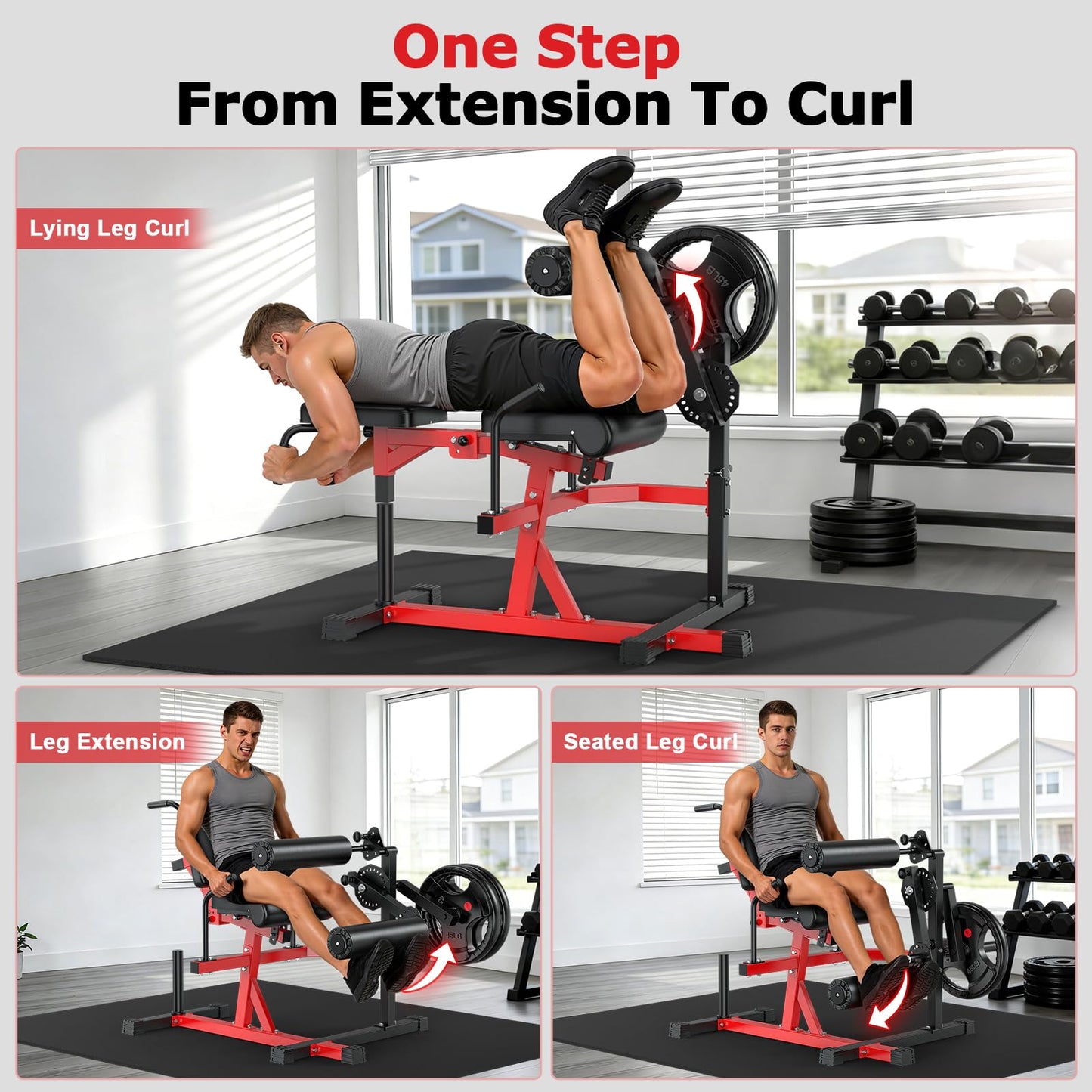 XDDIAS Leg Extension and Curl Machine, 1000LBS Capacity Leg Workout Equipment, Adjustable Seated/ Lying Lower Body Workout Bench for Hip Thrust/ Sit Up, Extended Sleeve Fit 1''/2'' Plate