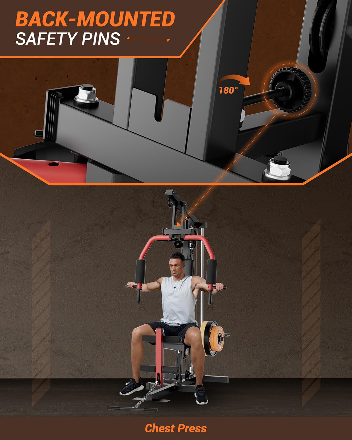 Multifunctional Home Gym Machine, Full Body Workout Equipment with Leg Press, Exercise Equipment for Strength Training, Workout Station Suit for 1"&2" Holes of Weight Plates (Not Includ), Red&Black