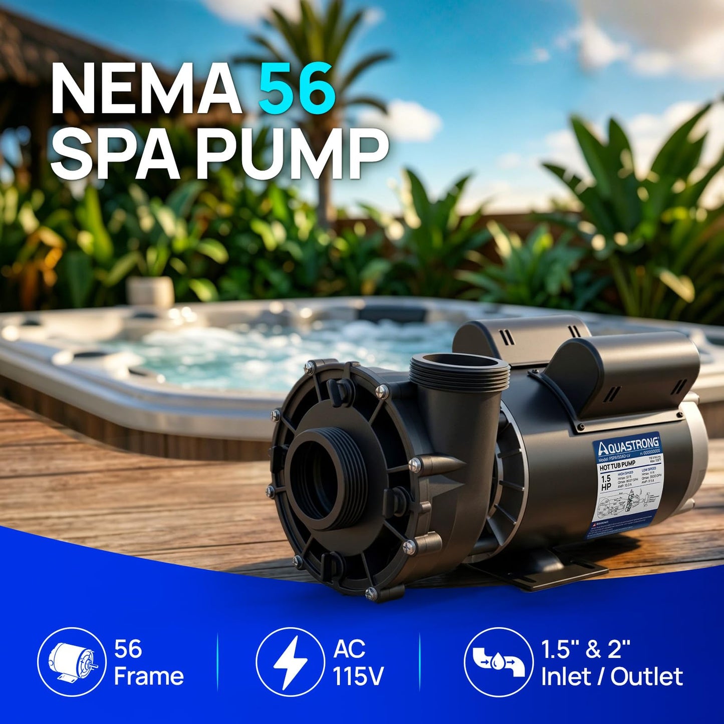 Aquastrong SPA Pump, Dual Speed Hot Tub Pump, Pure Copper Motor, Low Noise, Easy Installation with 1.5" & 2" Adapters, 90° Rotating Inlet & Outlet, Compatible with Hot Tubs & Spa Systems, Black