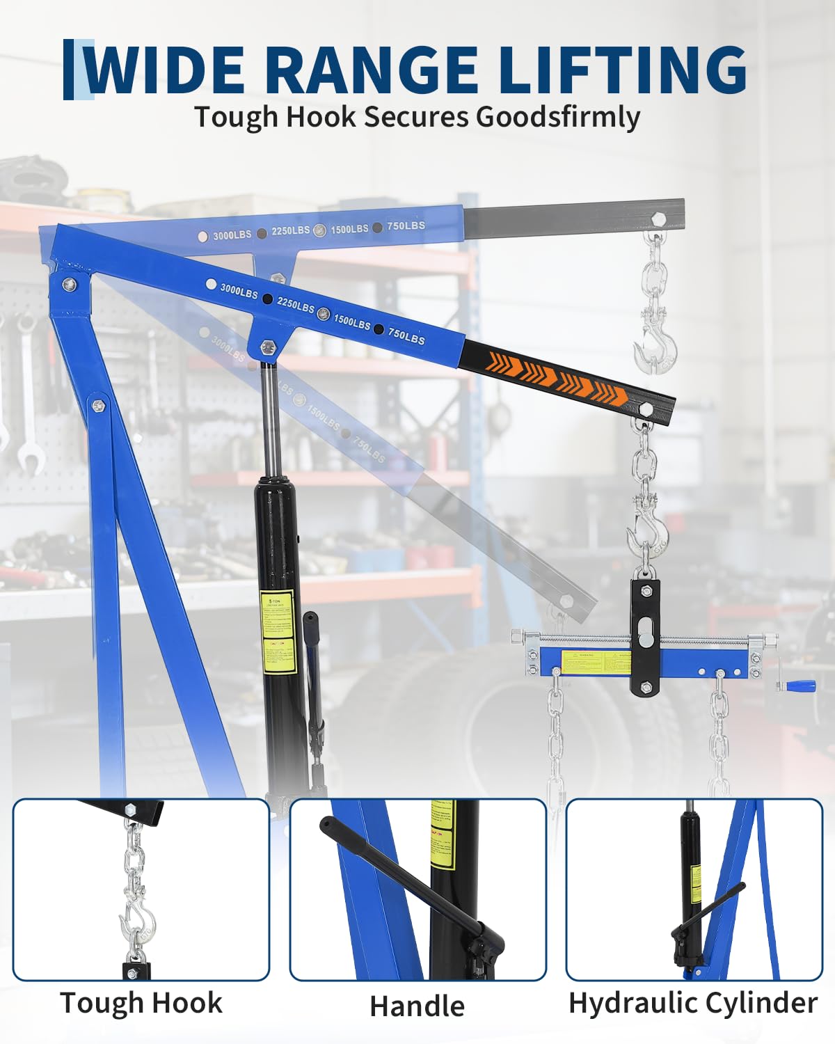 3000 LBS Hydraulic Engine Hoist with Lever, 1.5-Ton Telescoping Boom Shop Crane with 4 Heavy-Duty Casters, Garage & Warehouse Cherry Picker for Automotive, Machinery, and Equipment Lifting, Blue