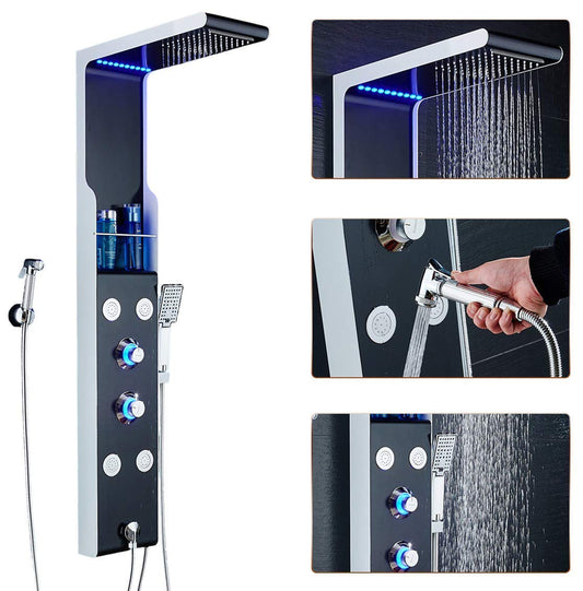 ELLO&ALLO LED Rainfall Waterfall Shower Head Rain Massage System with Body Jets & Hand Shower Stainless Steel Bathroom Shower Panel Tower System, Black and Silver
