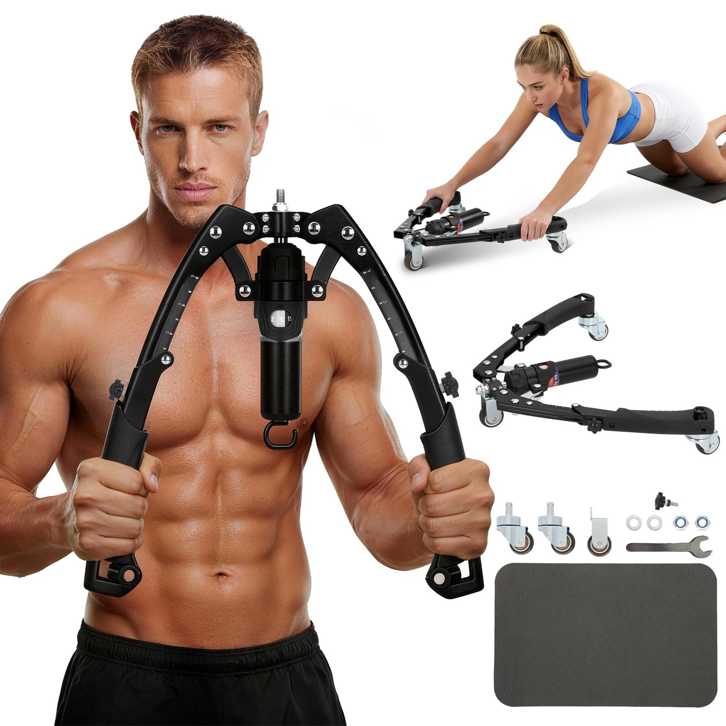 Twister Arm Trainer, 3-in-1 Adjustable Hydraulic Power Chest Workout Equipment (22-440 lbs) with Ab Roller and Resistance Band Hooks, Men and Women Home Gym Equipment for Full-Body Strength Training