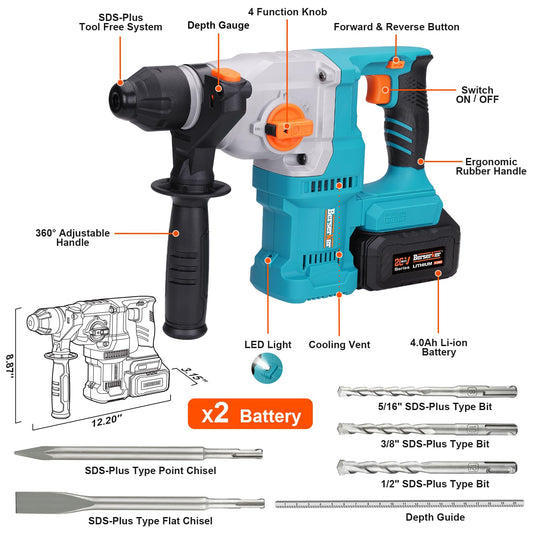 Berserker 20V Cordless 1-1/8" SDS-Plus Rotary Hammer Drill included 2X4.0Ah Li-ion Battery with 17pcs SDS Plus Drill Bits and Chisels Set with Storage Case