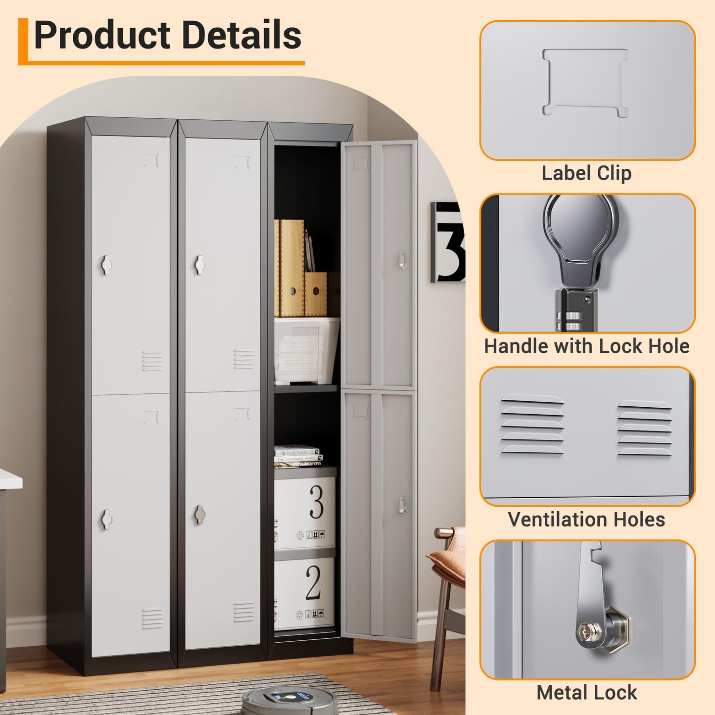 GAOMON 2 Door Tall Metal Locker with Key Employee Metal Locker, Lockable Heavy Duty Steel Employee Locker for Schools, Gyms, Homes, Offices, Utility Rooms, Grey and Black