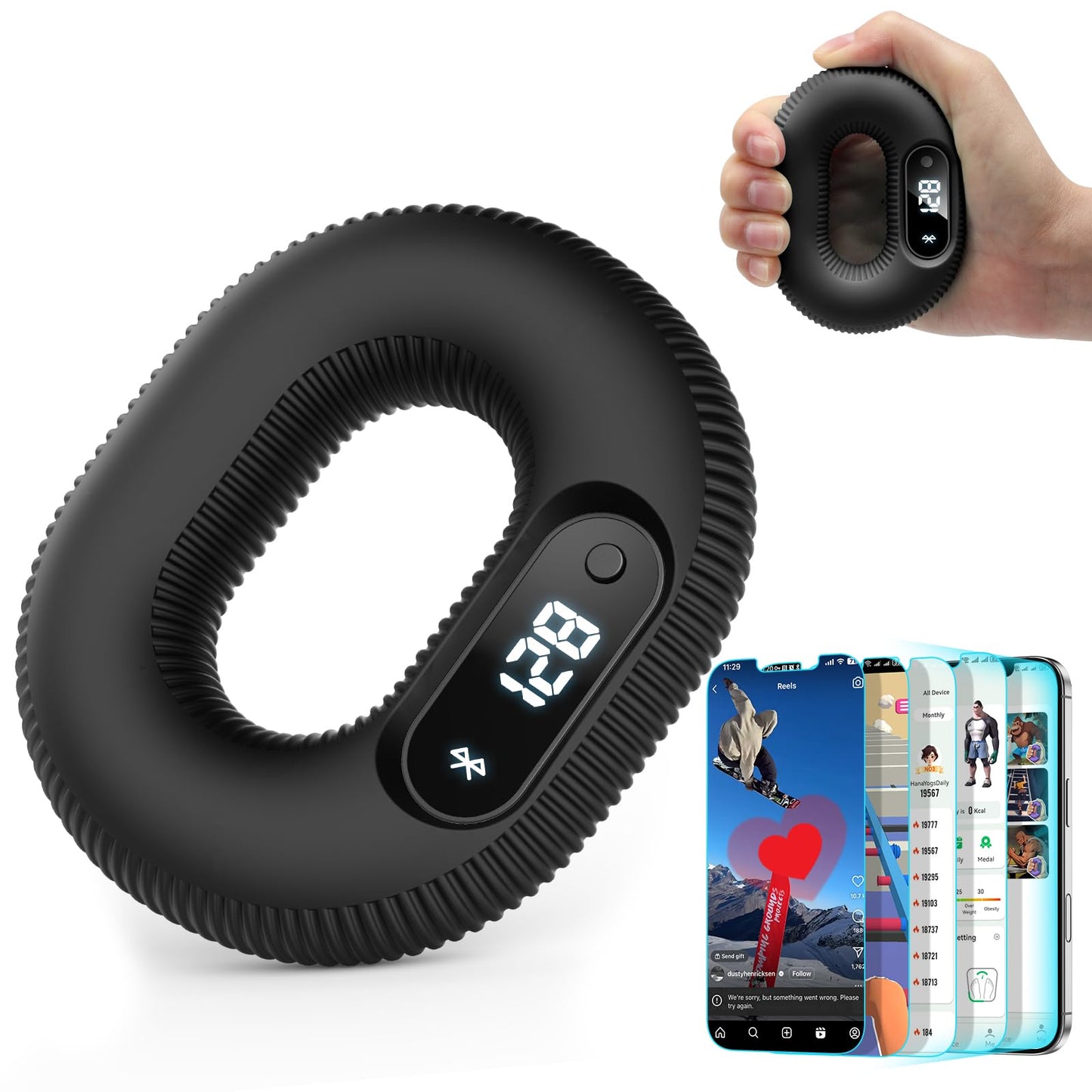 LVPIMAN Smart Grip trainer, Supports Multiple Game Interaction and HID Mode Video Browsing,Grip Strength Trainer for fitness, Stress relief and Rehabilitation Training, Resistance 50 Pounds Hand Trainer Black