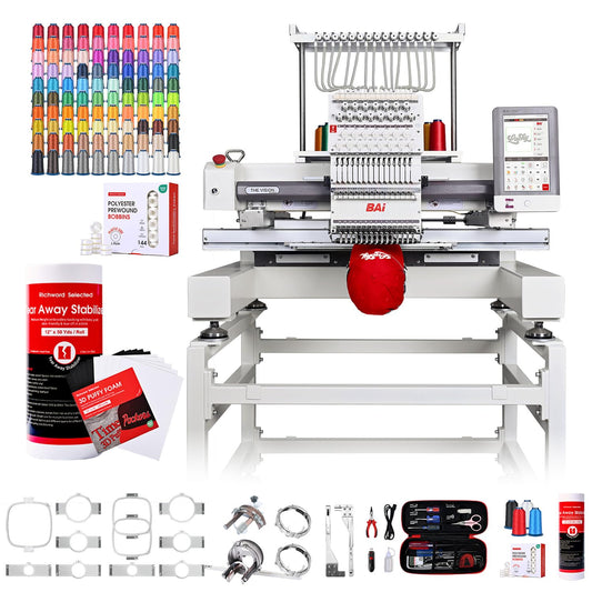 BAi The Vision+100 Colors thread+12" x 50 Yd tear Away Backing+ 12"x16" Puffy Foam+White Bobbins 144pcs Plastic Sided Type L(SA155), 60WT(75D/2)