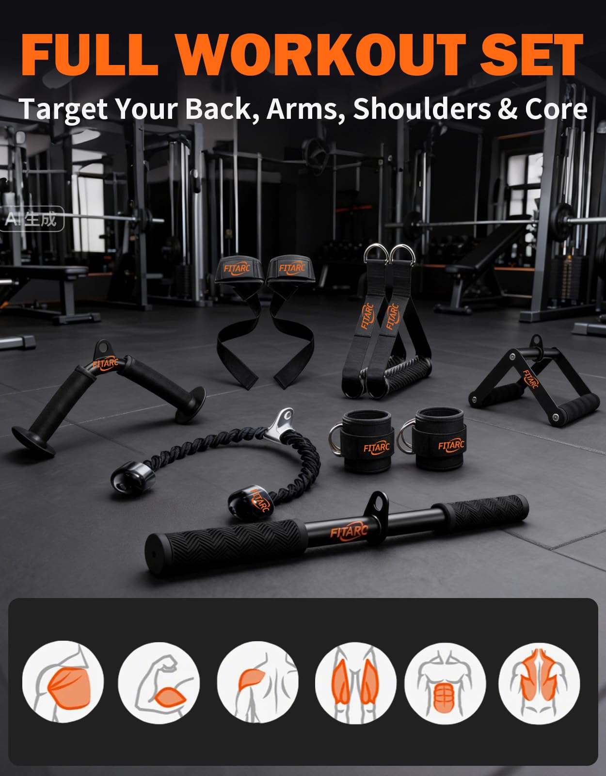 Fitarc Cable Machine Attachment Set for Home Gym, LAT Pulldown & Tricep Pushdown Attachments with D Handle, V Bar, Tricep Rope, Straight Bar, Stirrup Handles, Ankle Strap & Lifting Straps