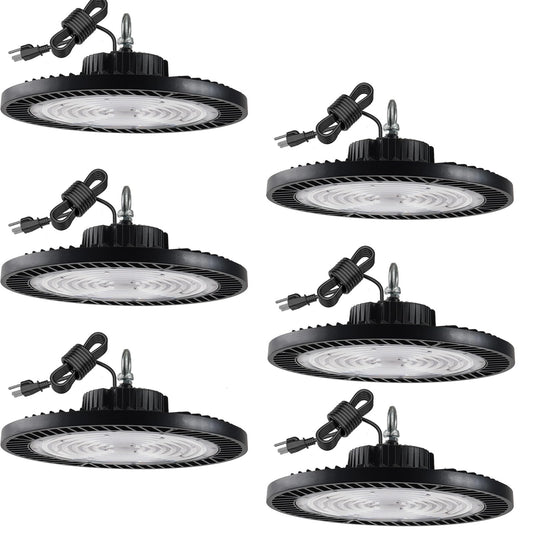 Fiqevs 240W UFO LED High Bay Lights 6 Pack, IP65, Ac100-277V, 5' Cable with US Plug Included, Plug & Play LED Shop Lights, 33,600LM(Eqv. 1000W MH/HID) High Bay for Worshop Factory - ETL Listed