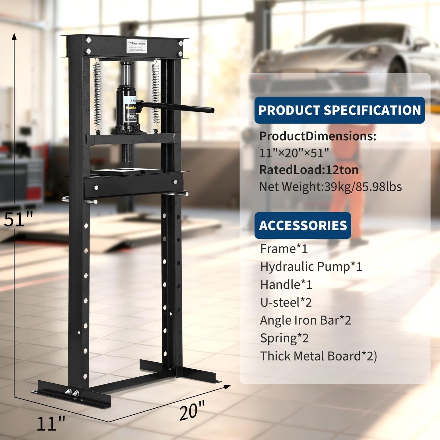 12 Ton H Frame Hydraulic Shop Press,Heavy Duty Garage Floor Press with Adjustable Height Stamping Plates,Built in Relief Valve for Bending Straightening Bearings u Joints Car Repair Professional Use