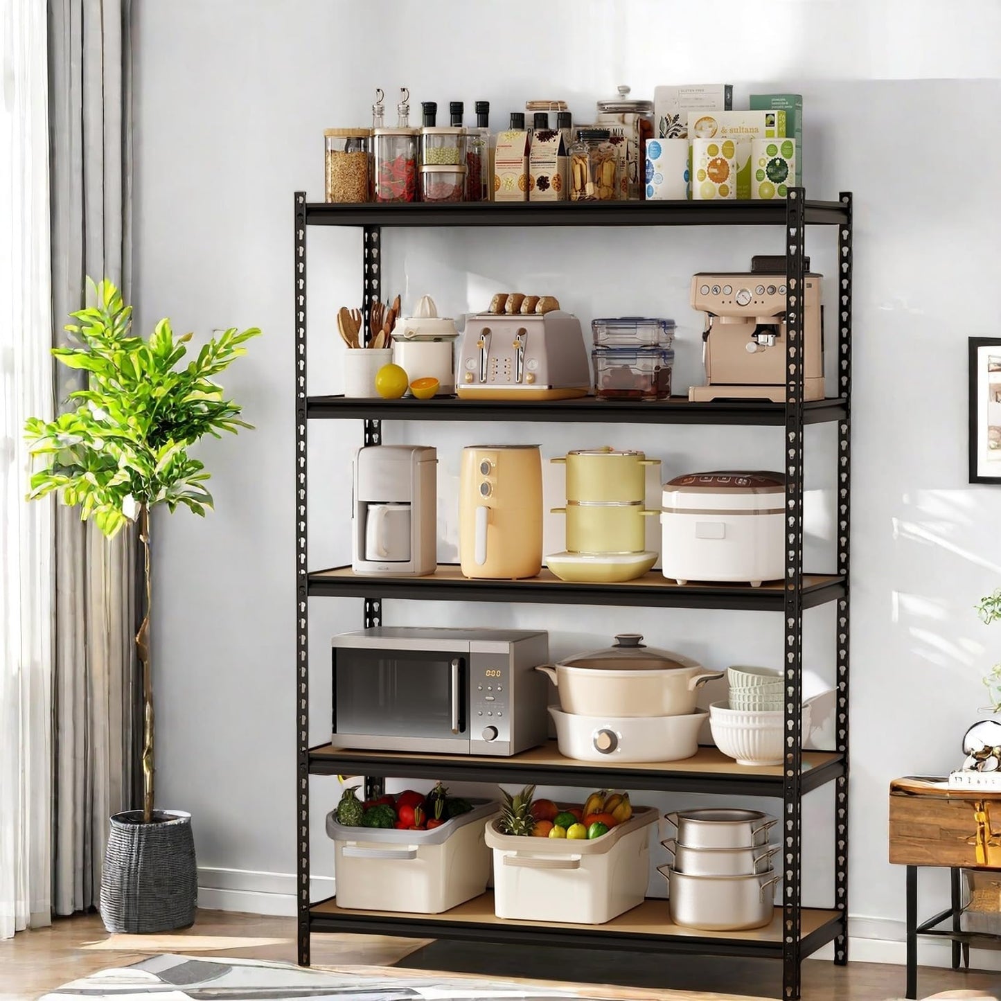 GarveeTech 5 Tier Garage Storage Shelves, Heavy Duty Utility Shelves Metal Shelving Unit, 48"L x 18"W x 73"H Adjustable Storage Shelves Utility Rack for Garage Kitchen Basement Pantry Laundry, Black