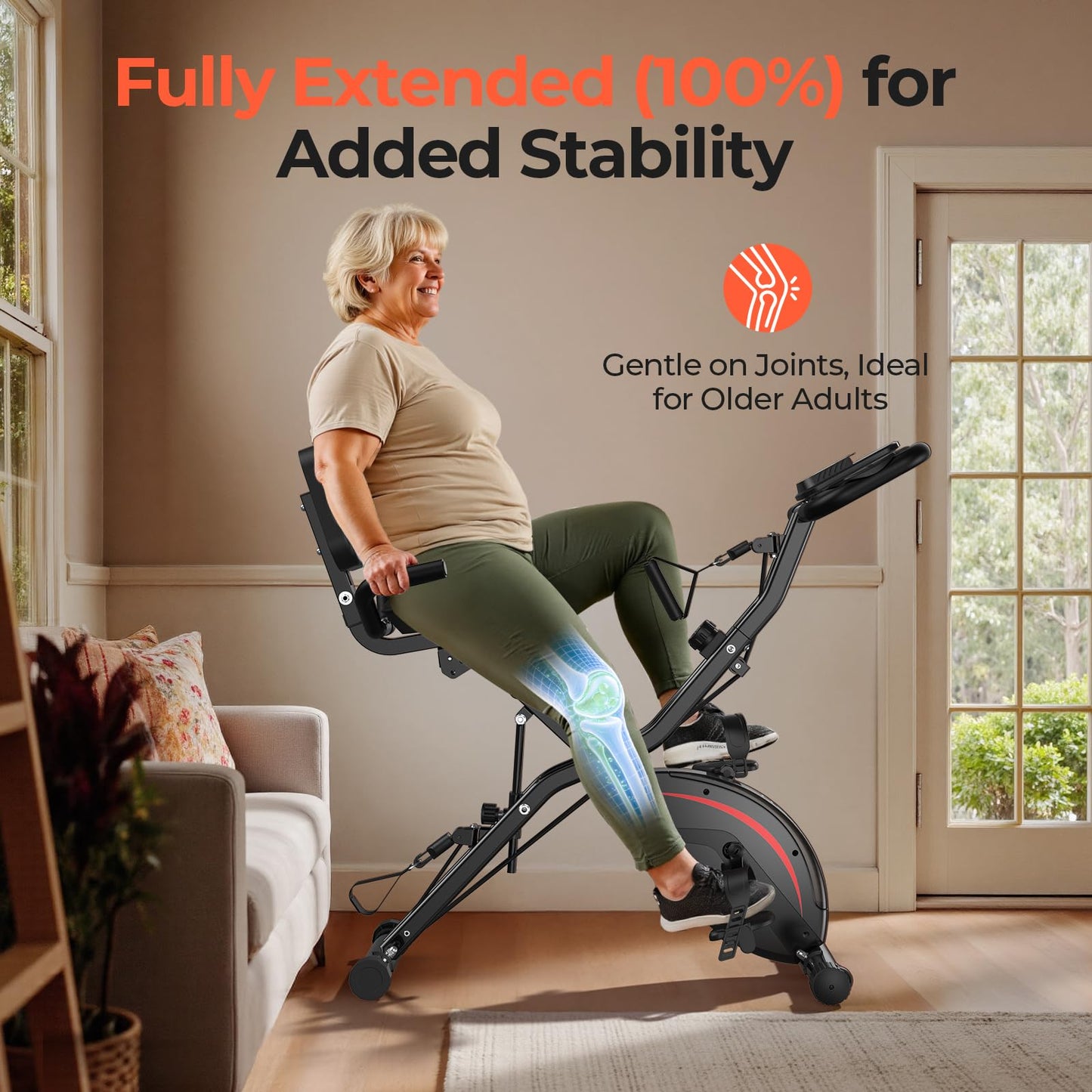 Pleny Folding Exercise Bike, 5 IN 1 Stationary Bikes for Home 6.6 LBS Flywheel, 330LB Weight Capacity Back Support Cushion Indoor Workout Cycling Bike for Home Gym, Black-red