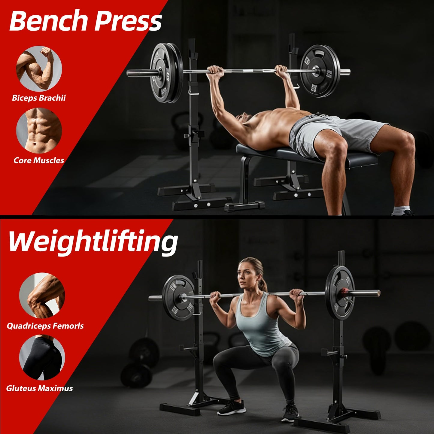 JupiterForce Adjustable Squat Rack Stands Pair of Sturdy Steel Bench Press Rack, Barbell Rack, 40''-66'' 550lbs Max Load Portable Weight Lifting Dumbbell Racks Stands for Home Gym, Black