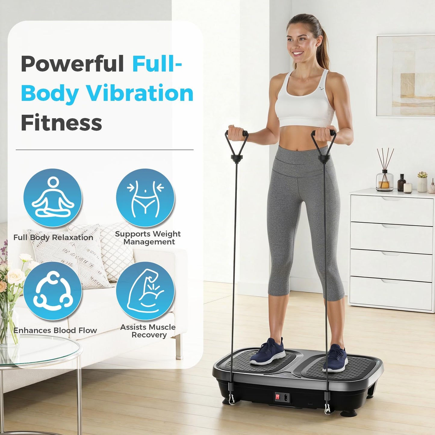 OLIXIS Vibration Plate Exercise Machine with 9 Auto Modes, Full Body Workout Vibrating Platform with LED Touch Screen & Pull Ropes for Weight Loss, Home Gym Fitness Equipment for Women Men, Black