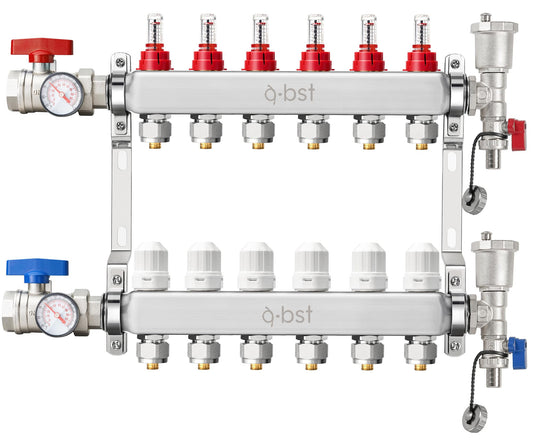 ABST PEX Manifold,6 Loop Stainless Steel Floor Radiant Heat Manifold Kit with 1/2" Adapters Included for Hydronic Radiant Floor Heating