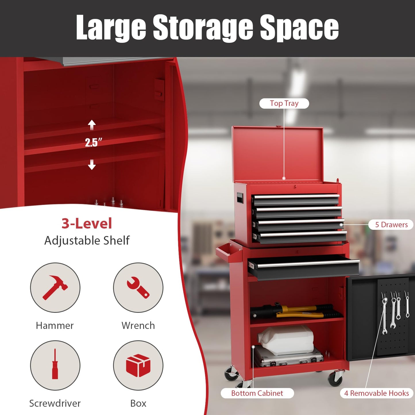 Goplus Tool Chest, 5-Drawer Rolling Tool Storage Cabinet with Detachable Top Tool Box, Liner, Universal Lockable Wheels, Adjustable Shelf, Locking Mechanism, Metal Tool Cart for Garage Workshop