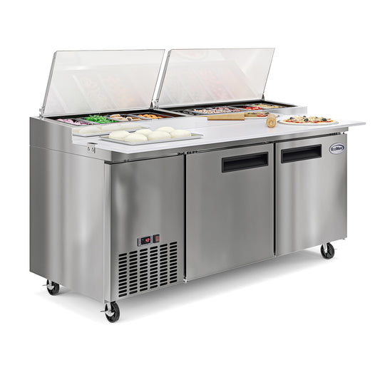 KoolMore 71 in. Commercial Pizza Prep Table with Built-In Refrigerator, Cutting Board, Food Protection Lid, Cold Storage, Rolling Caster Wheels in Stainless Steel, ETL Listed, (KM-RPPS-2DSS)