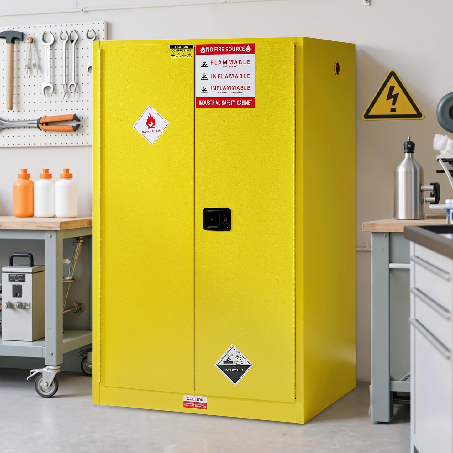 SPECRAFT 100 Gal Flammable Safety Cabinet, 70x43x34 Inch, Cold-Rolled Steel, Adjustable Shelves, OSHA & CE Certified for Industrial, Commercial, Laboratory, and Institutional Use, Yellow