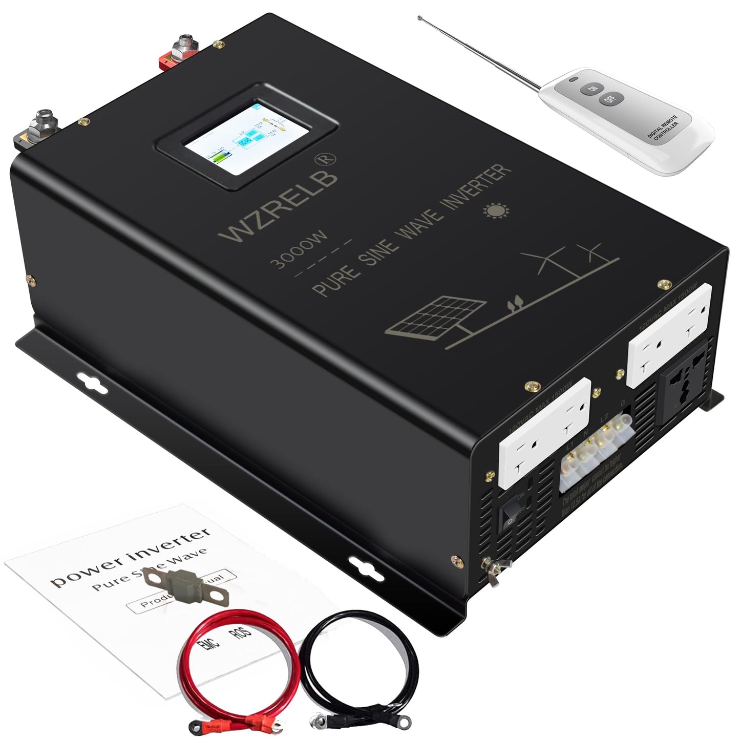 WZRELB 3000W 48V Pure Sine Wave Inverter,48 Volt DC to AC 120V 240V Split Phase Power Inverter,6KW Surge,5 AC Outlets,AC Hardwire Terminal,High Efficiency up to 91.6%,Wireless Remote, Black, SP3K48RC