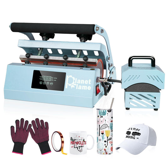 PlanetFlame Tumbler and Hat Heat Press Machine, 2-in-1 Combo Machine for Cup and Cap with Gloves and High Temp Heat Resistant Tape for 11oz-30oz Sublimation Tumbler and All Caps, Blue