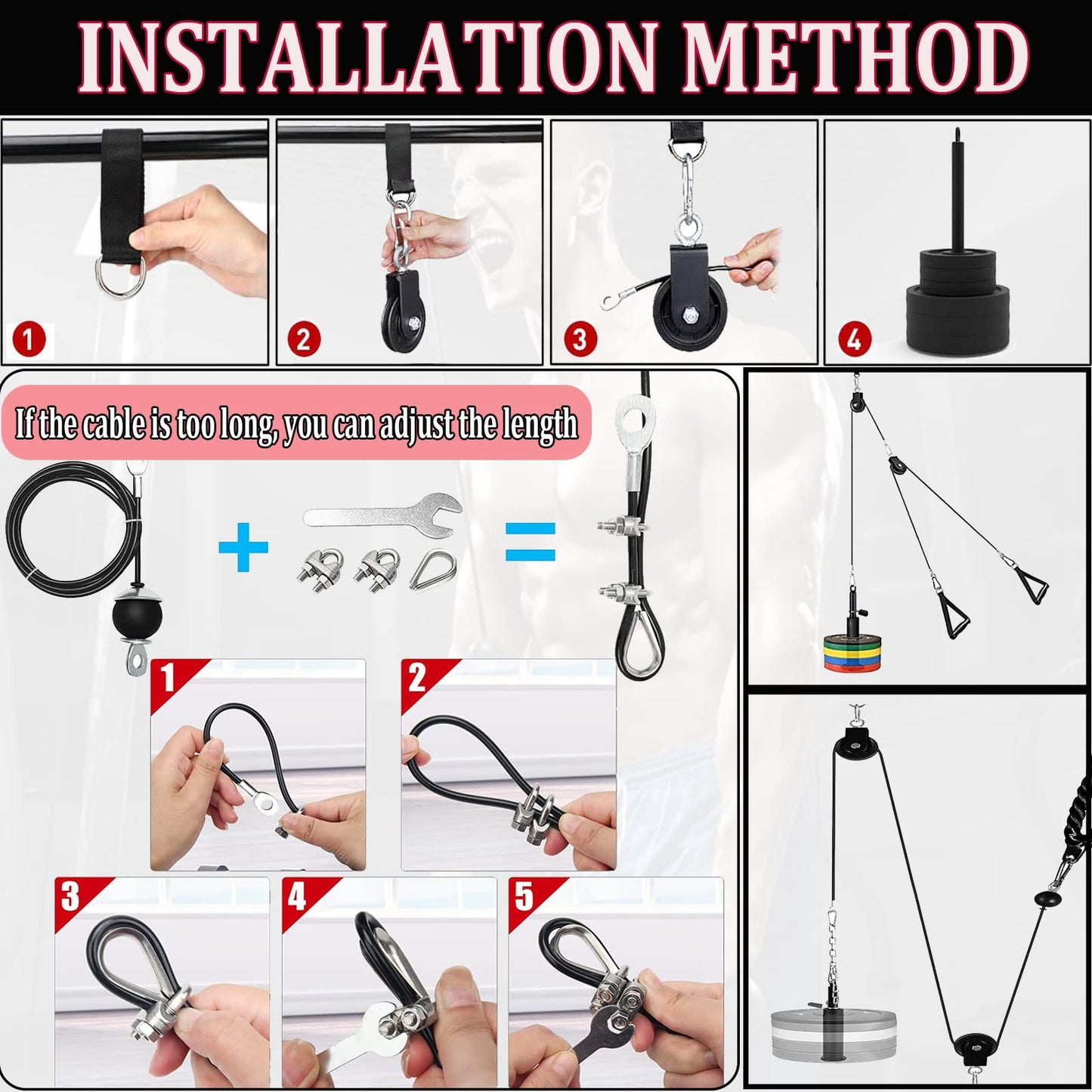 Taeku LAT Pulley System for Home Gym – Strength Training Fitness Equipment Cable Machine for Triceps, Biceps, Back & Shoulder Workouts (100" Cable+ Adapter)