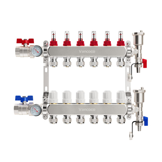 ‌VANCOCO 6 Loop Radiant Floor Heating Manifold, Stainless Steel Infloor Radiant Heat Manifold for Hydronic Radiant Floor Heating with1/2" Adapters
