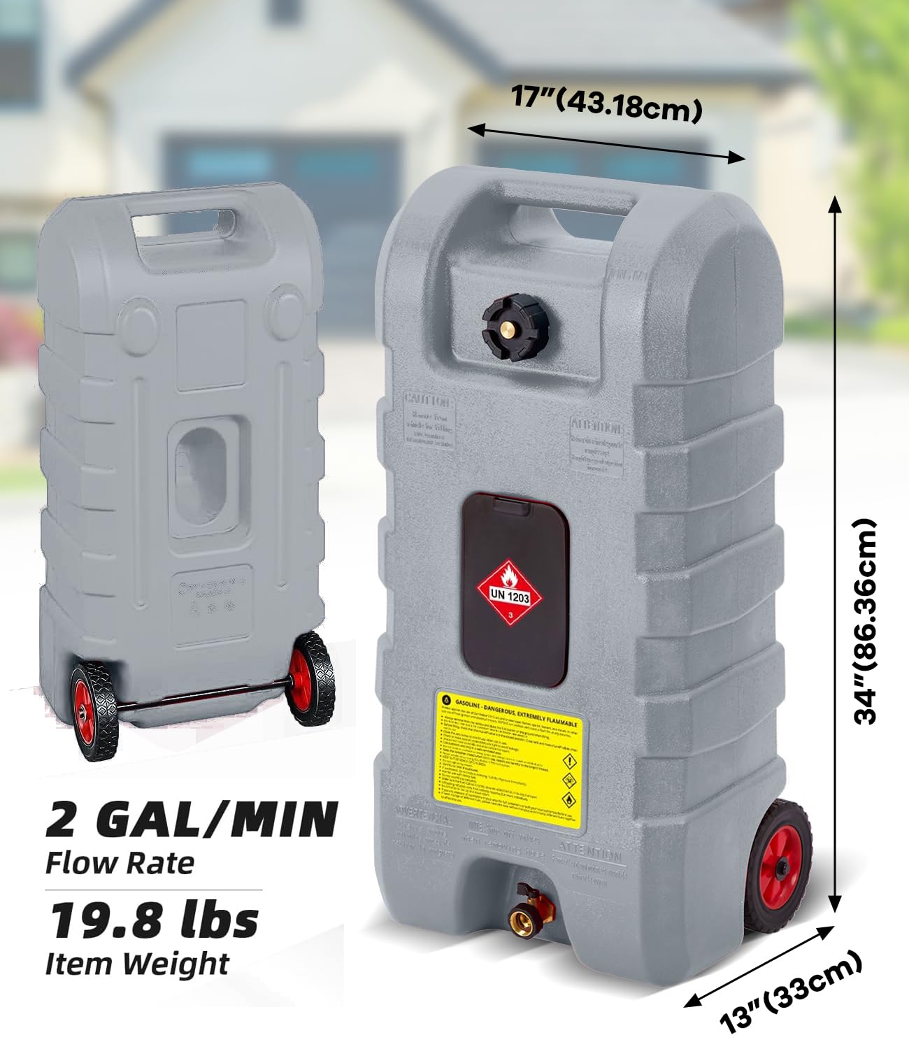 Garvee 15 gal Gas Can, Heavy-Duty Gas Tank and Fuel Caddy with Manual Fuel Transfer Pump, Portable Fuel Tank on Wheels with 10 ft Hose for Lawn Mowers, Cars, Boats, ATVs, Home and Farm Use, Grey