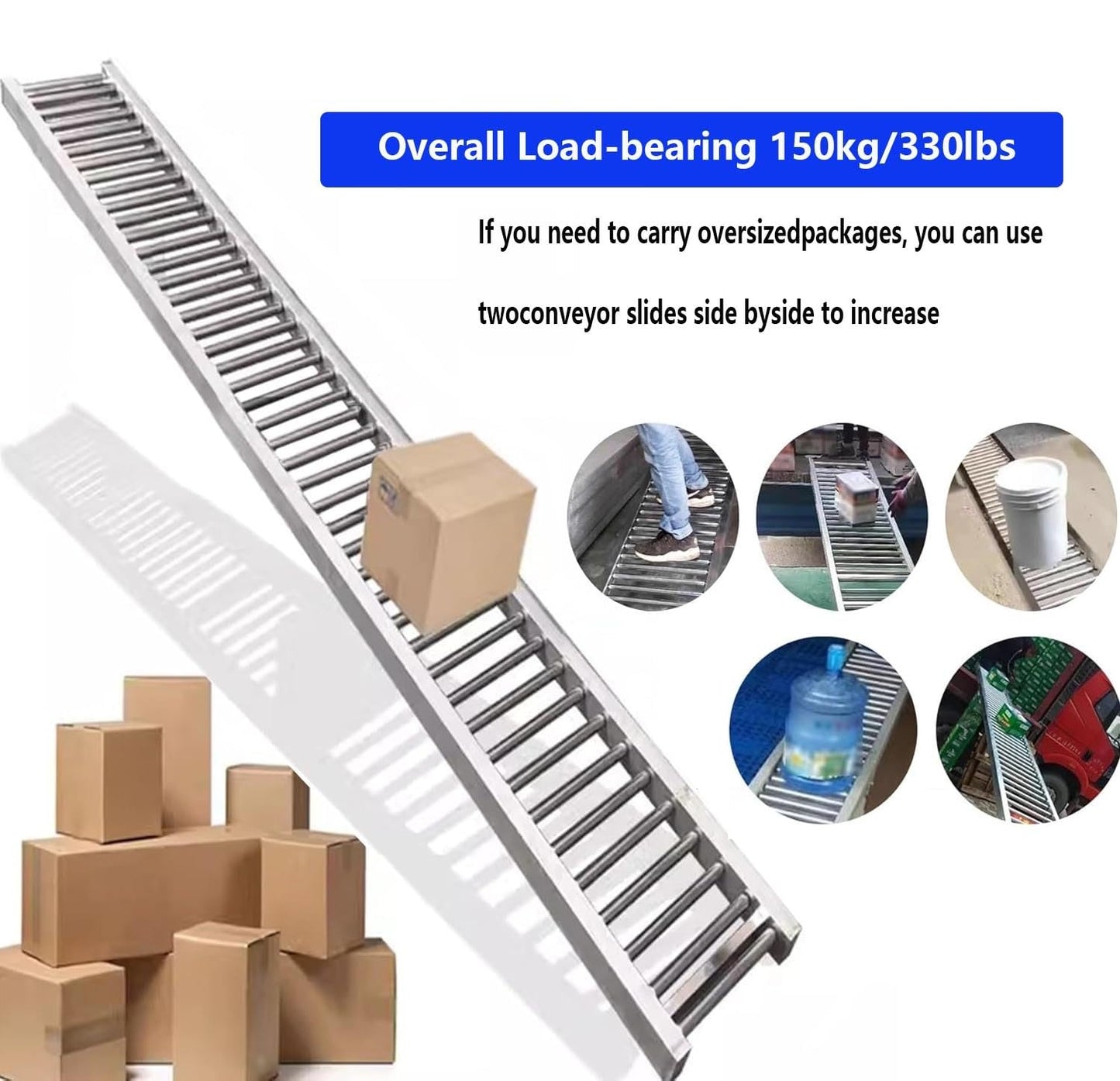 Heavy-Duty Portable Roller Conveyor Table, 30/40/50/60cm Width, 330lbs Stainless Steel Frame, Foldable Flow Rail for Warehouse Freight Handling, 8m/26ft Assembly Line