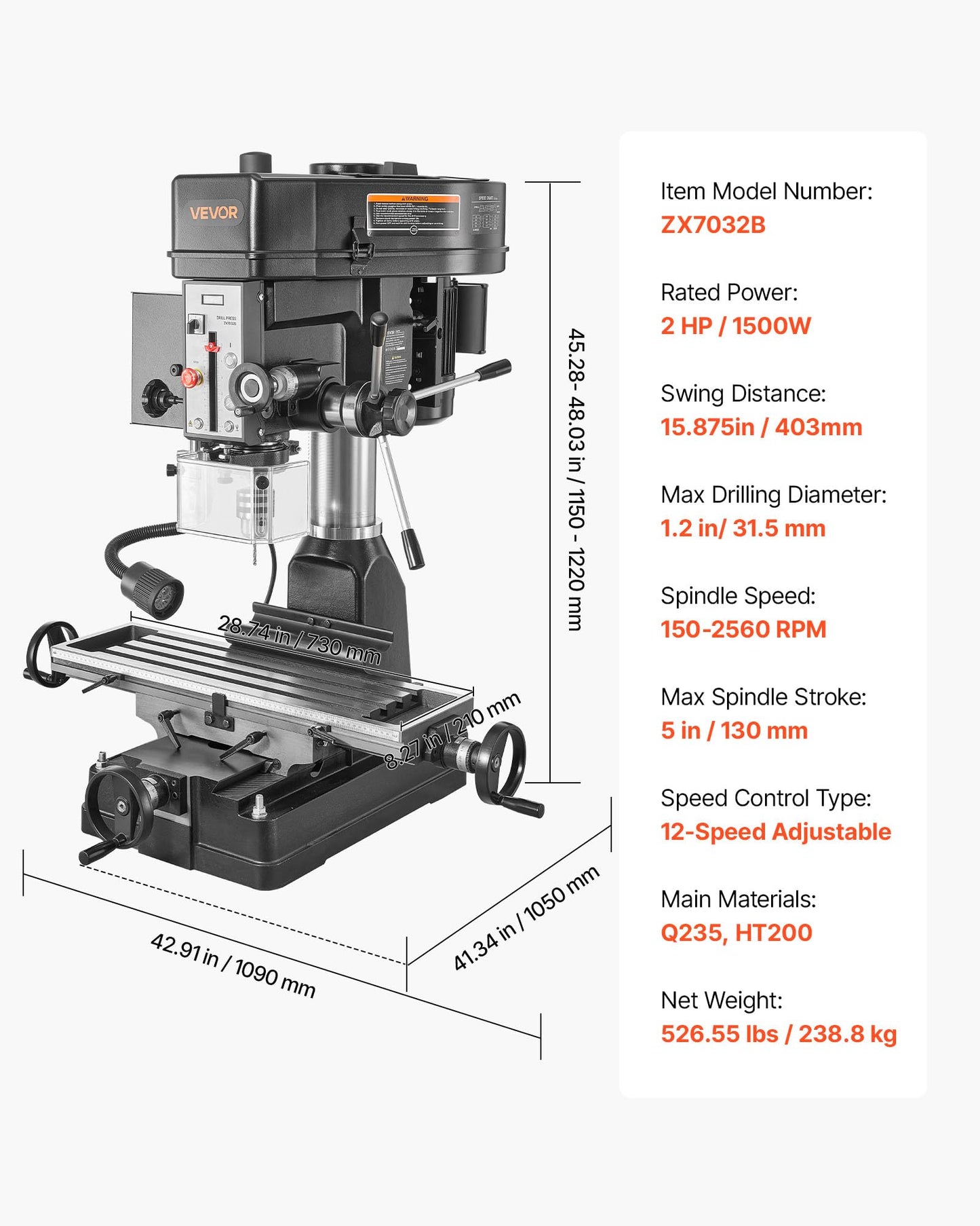 VEVOR 15.875-Inch Mill Drill Machine, 2 HP, Benchtop Milling Drill Press, 150-2560 RPM Adjustable Speed, with Rotating Vise, Laser and Work Light, Milling Drilling Machine, for Woodworking Light Metal
