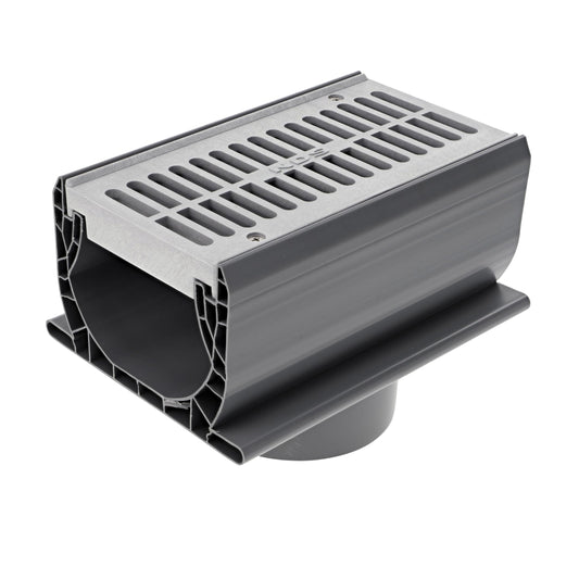 NDS 2351 Spee-D® Channel Drain Bottom Outlet Assembly, 4-3/4-Inch X 7-Inch, includes both Channel and Prefastened Plastic Grate, Gray