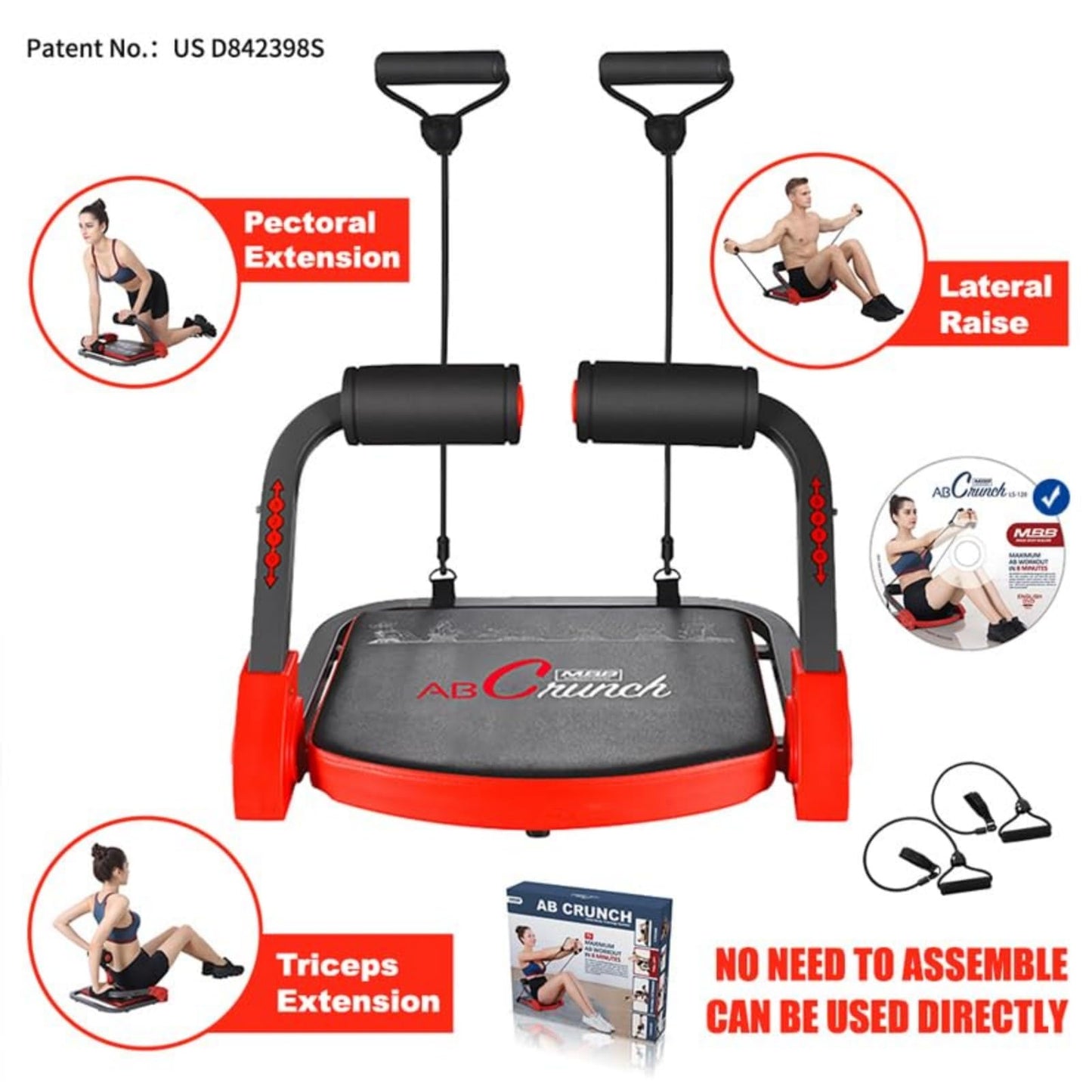 Ab Machine Ab Workout Equipment Sit Up Machine & Exercise Equipment Ab Crunch Machine for Stomach Workout Ab Core Trainer Abdominal Machine for Home Gym with Resistance Bands (Red)