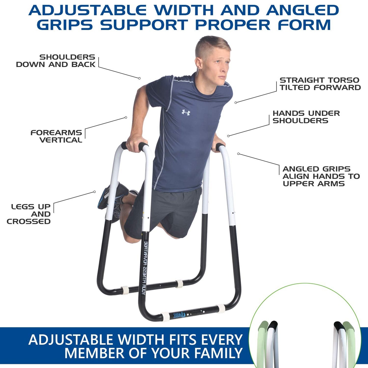 Ultimate Body Press Dip Bar Fitness Station - Adjustable Width Folding Dip Stand with Angled Grips, Stable Leveling and Easy Storage