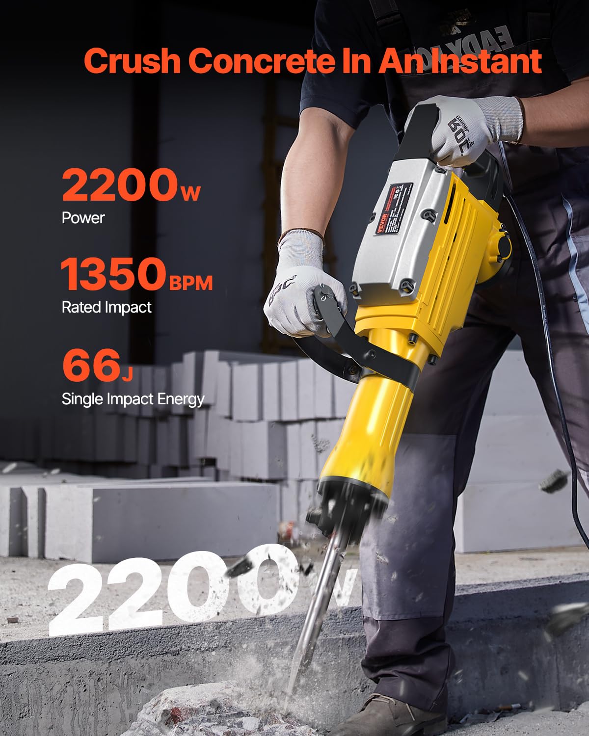 VEVOR Demolition Jack Hammer, 2200W 1350 BPM Jack Hammer Concrete Breaker, Heavy Duty Electric Jack Hammer 4pcs Chisels Bit with Gloves, 360° Swiveling Front Handle for Trenching and Breaking Holes