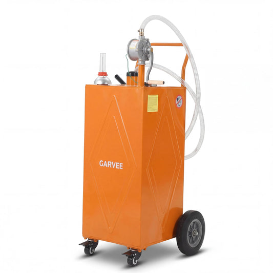 Patikuin 30 Gallon Heavy-Duty Steel Fuel Caddy with Manual Rotary Pump – Portable Gasoline & Fuel Transfer Tank – Reinforced 4-Wheel Design for Trucks, Boats, ATVs, Lawn Mowers, Farm Equipment – Reinforced 4-wheel design - Orange